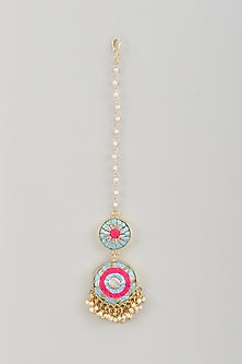Matte Gold Finish Hot Pink Embroidered Layered Necklace Set