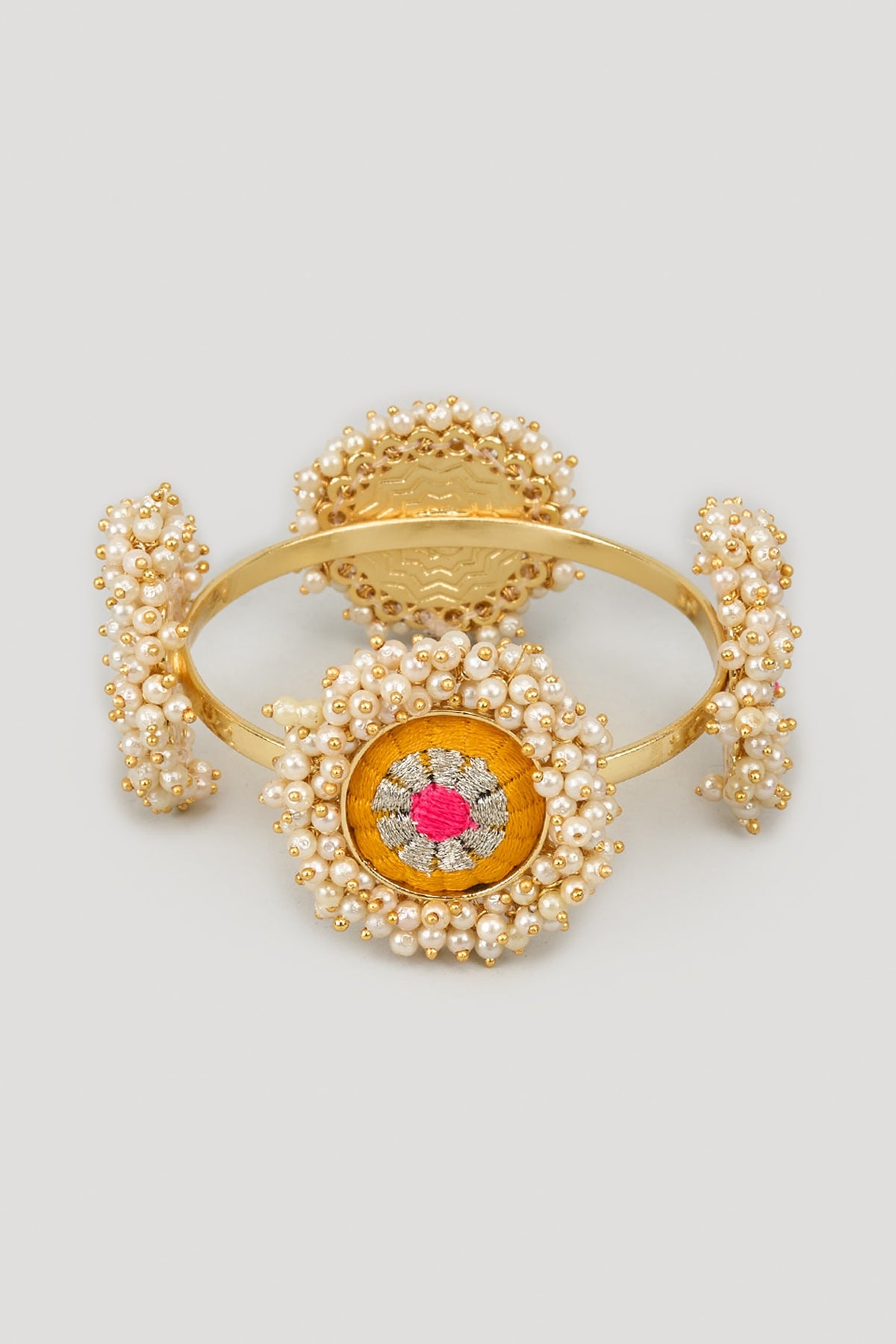 Matte Gold Finish Silk Thread Embroidered & Pearl Beaded Bangle