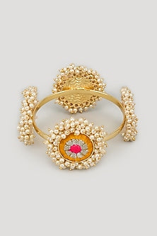 Matte Gold Finish Silk Thread Embroidered & Pearl Beaded Bangle