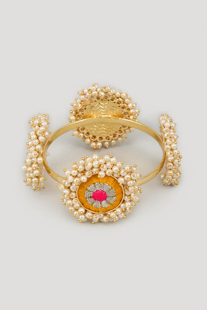 Matte Gold Finish Silk Thread Embroidered & Pearl Beaded Bangle