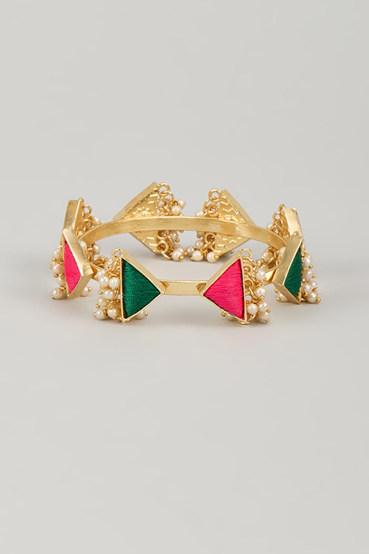 Gold Finish Silk Thread Embroidered & Pearl Beaded Triangular Bangle