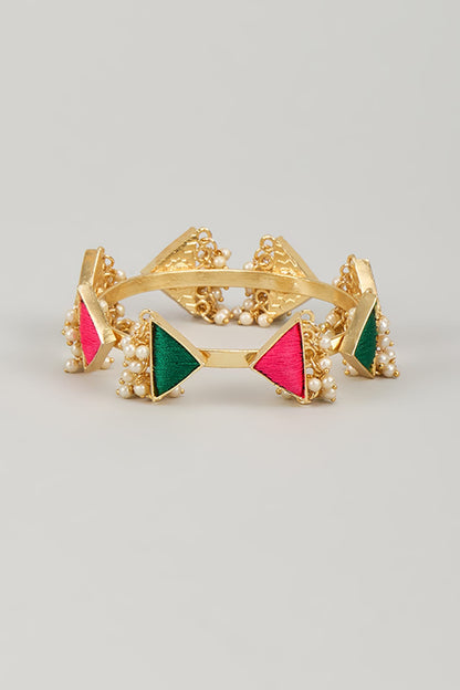 Gold Finish Silk Thread Embroidered & Pearl Beaded Triangular Bangle
