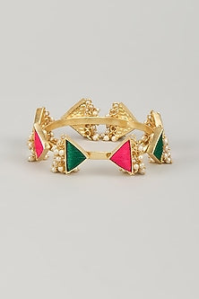 Gold Finish Silk Thread Embroidered & Pearl Beaded Triangular Bangle