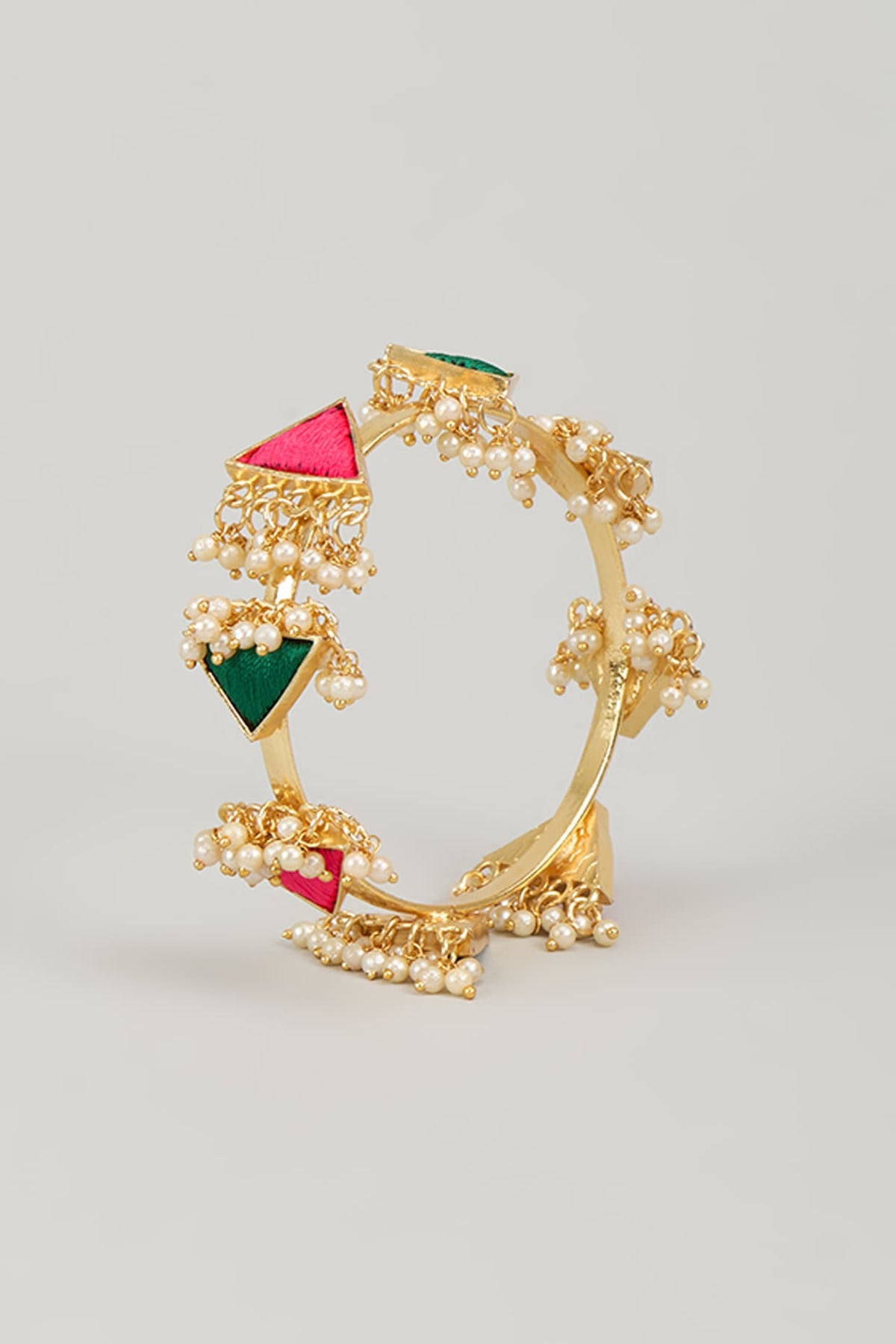 Gold Finish Silk Thread Embroidered & Pearl Beaded Triangular Bangle