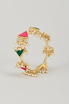 Gold Finish Silk Thread Embroidered & Pearl Beaded Triangular Bangle