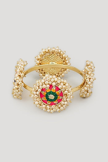 Matte Gold Finish Silk Thread Embroidered & Pearl Beaded Bangle