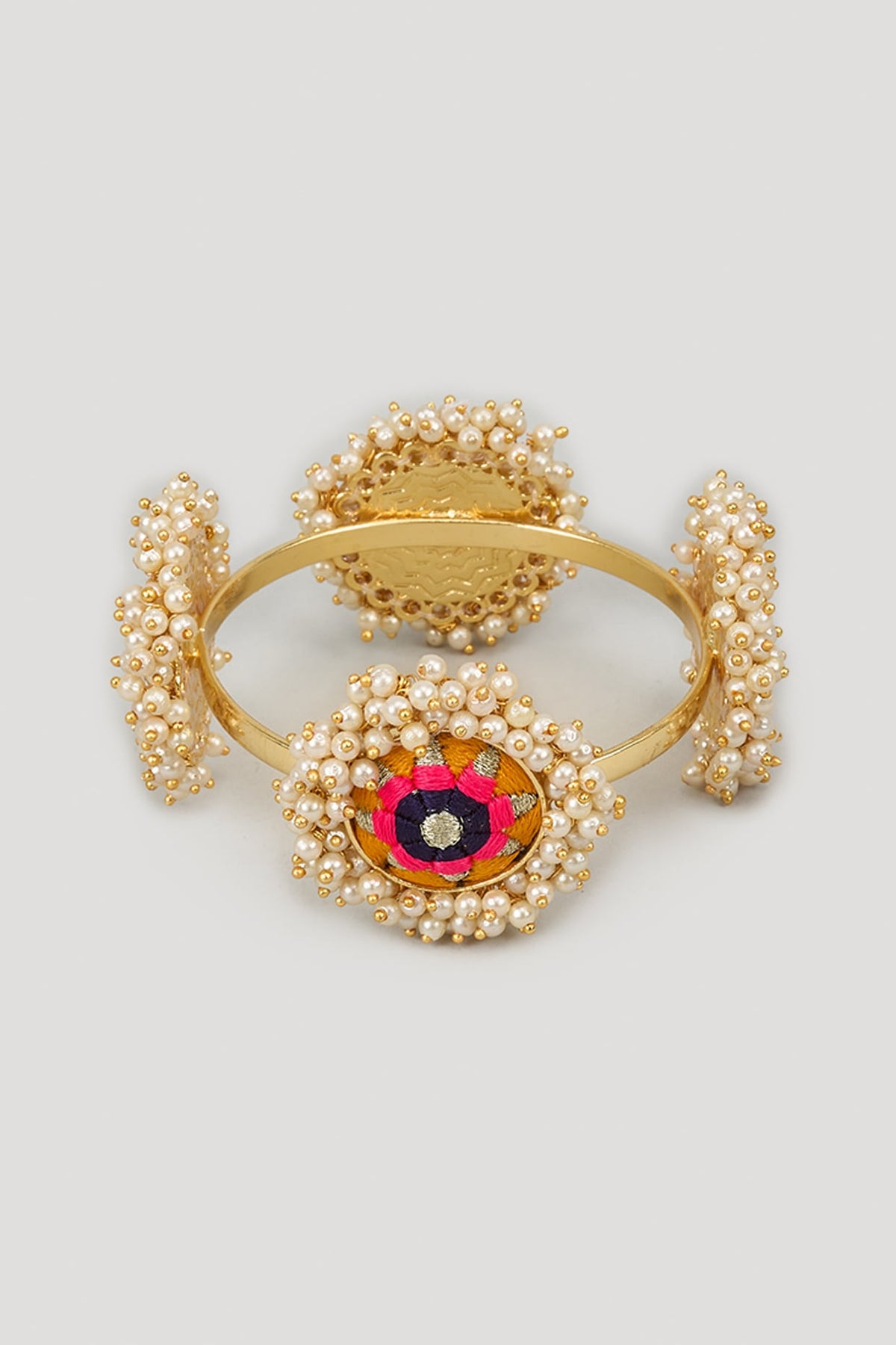 Matte Gold Finish Silk Thread Embroidered & Pearl Beaded Bangle