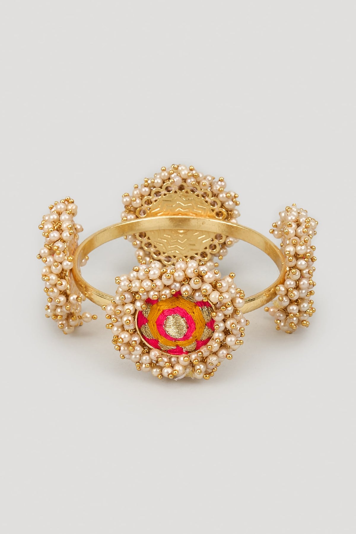 Matte Gold Finish Silk Thread Embroidered & Pearl Beaded Bangle