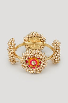 Matte Gold Finish Silk Thread Embroidered & Pearl Beaded Bangle