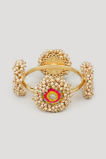 Matte Gold Finish Silk Thread Embroidered & Pearl Beaded Bangle