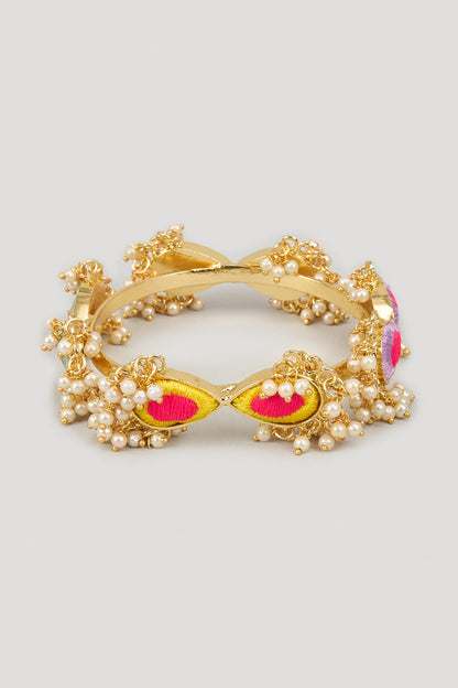 Matte Gold Finish Silk Thread Embroidered & Pearl Beaded Bangle