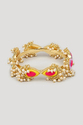 Matte Gold Finish Silk Thread Embroidered & Pearl Beaded Bangle
