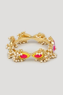Matte Gold Finish Silk Thread Embroidered & Pearl Beaded Bangle