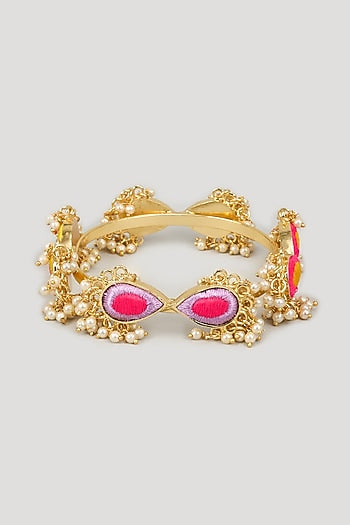 Matte Gold Finish Silk Thread Embroidered & Pearl Beaded Bangle