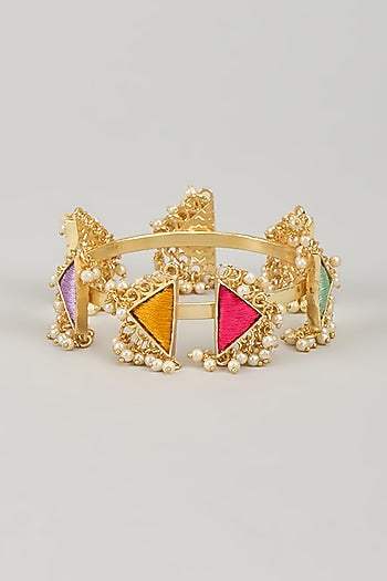 Gold Finish Silk Thread Embroidered & Pearl Beaded Triangular Bangle