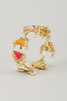 Gold Finish Silk Thread Embroidered & Pearl Beaded Triangular Bangle