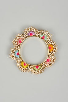 Gold Finish Silk Thread Embroidered & Pearl Beaded Semi-Circular Bangle