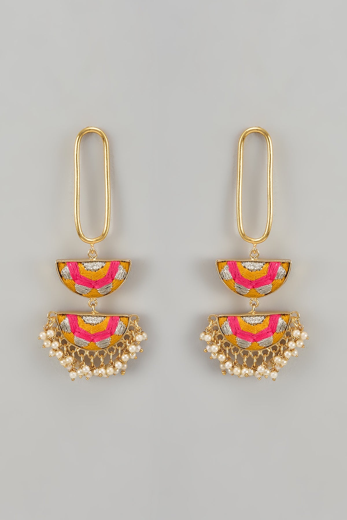 Gold Finish Silk Thread Embroidered Dangler Earrings