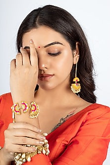 Gold Finish Pastel Mustard Yellow & Hot Pink Silk Thread Embroidered Dangler Earrings