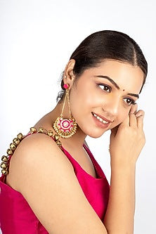 Gold Finish Pastel Pastel Peach & Hot Pink Silk Thread Embroidered Chandbali Earrings