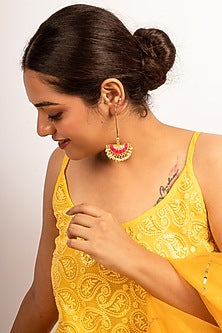 Gold Plated Mustard Yellow & Hot Pink Silk Thread Embroidered Dangler Earrings