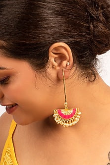 Gold Plated Mustard Yellow & Hot Pink Silk Thread Embroidered Dangler Earrings