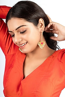 Gold Plated Mustard Yellow & Hot Pink Silk Thread Embroidered Dangler Earrings