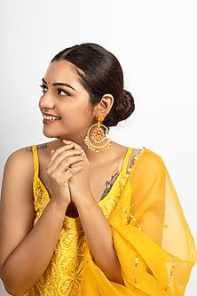 Gold Plated Mustard Yellow & Hot Pink Silk Thread Embroidered Jhumka Earrings