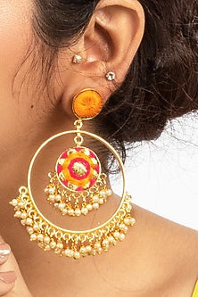 Gold Plated Mustard Yellow & Hot Pink Silk Thread Embroidered Jhumka Earrings