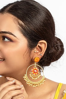 Gold Plated Mustard Yellow & Hot Pink Silk Thread Embroidered Jhumka Earrings