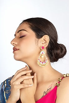 Gold Plated Pastel Blue & Hot Pink Silk Thread Embroidered Chandbali Earrings