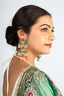 Gold Plated Green & Pink Silk Thread Embroidered Triangle Dangler Earrings