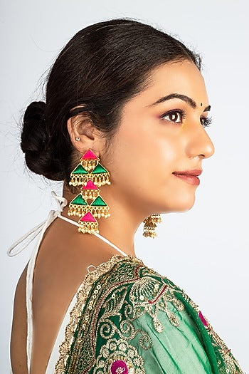 Gold Plated Green & Pink Silk Thread Embroidered Triangle Dangler Earrings