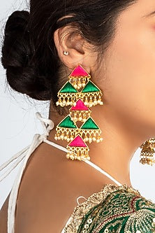 Gold Plated Green & Pink Silk Thread Embroidered Triangle Dangler Earrings