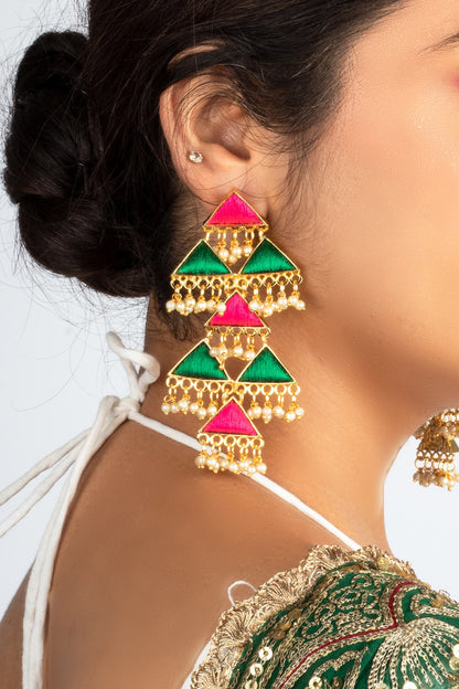 Gold Plated Green & Pink Silk Thread Embroidered Triangle Dangler Earrings