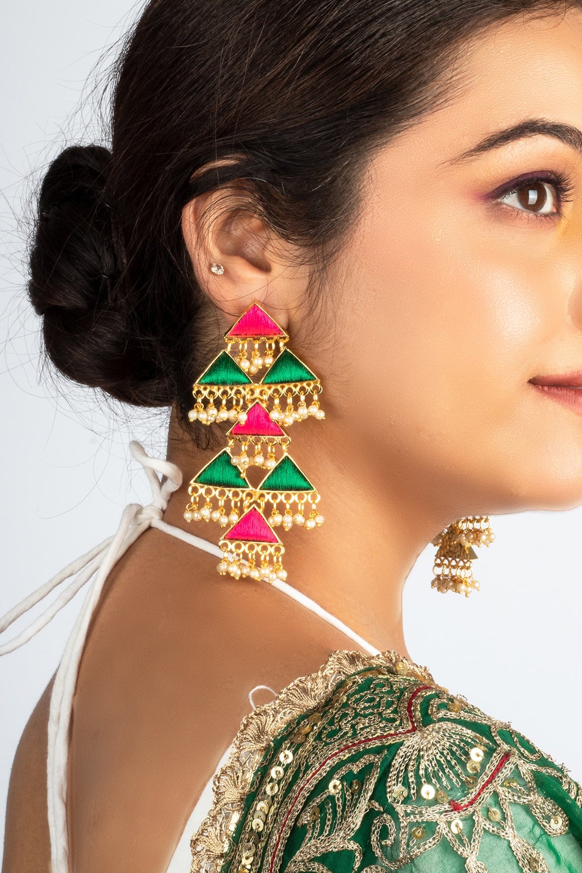 Gold Plated Green & Pink Silk Thread Embroidered Triangle Dangler Earrings