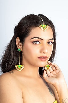Gold Plated Lime Green & Yellow Silk Thread Embroidered Dangler Earrings