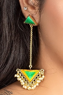 Gold Plated Lime Green & Yellow Silk Thread Embroidered Dangler Earrings