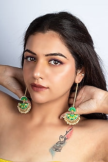 Gold Plated Cadmium Green & Yellow Silk Thread Embroidered Dangler Earrings