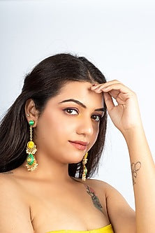 Gold Plated Lime Green & Yellow Silk Thread Embroidered Dangler Earrings
