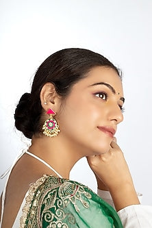 Gold Plated Basil Green & Mexican Pink Silk Embroidered Dangler Earrings