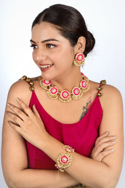 Gold Finish Pastel Pach & Hot Pink Embroidered Choker Necklace Set