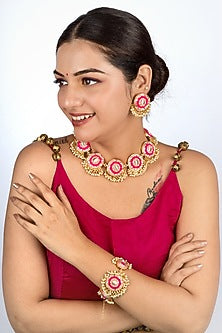 Gold Finish Pastel Pach & Hot Pink Embroidered Choker Necklace Set