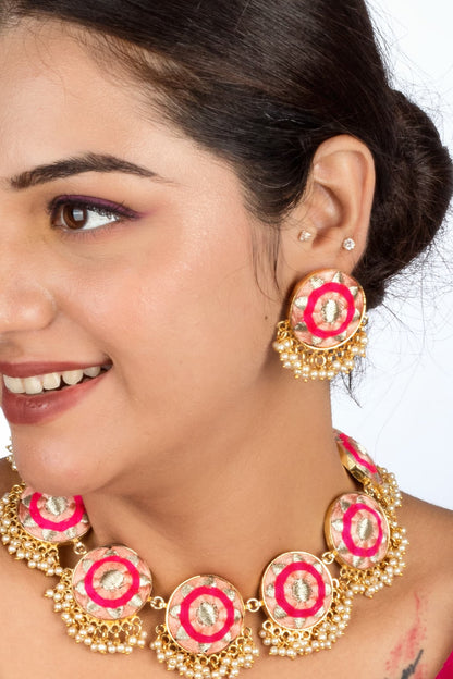 Gold Finish Pastel Pach & Hot Pink Embroidered Choker Necklace Set