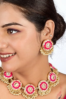 Gold Finish Pastel Pach & Hot Pink Embroidered Choker Necklace Set