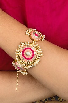 Gold Finish Pastel Pach & Hot Pink Embroidered Choker Necklace Set