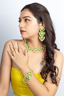 Gold Plated Zenith Green & Lime Yellow Silk Thread Embroidered Choker Necklace Set