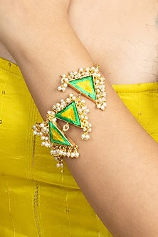Gold Plated Zenith Green & Lime Yellow Silk Thread Embroidered Choker Necklace Set