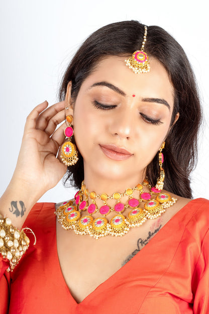 Gold Plated Mustard Yellow & Hot Pink Silk Thread Embroidered Choker Necklace Set