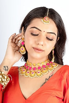 Gold Plated Mustard Yellow & Hot Pink Silk Thread Embroidered Choker Necklace Set